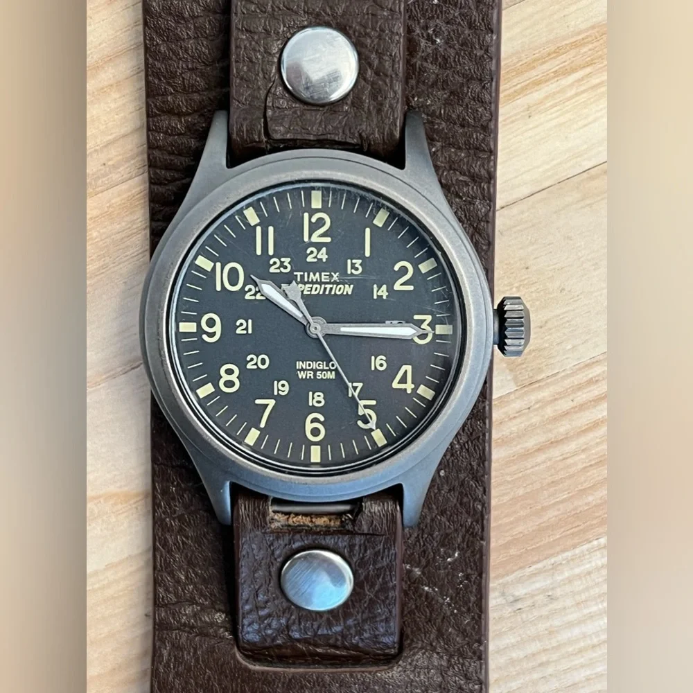 Timex Expedition Men’s Watch Rare Brown Genuine Leather Cuff Indiglo Date Window